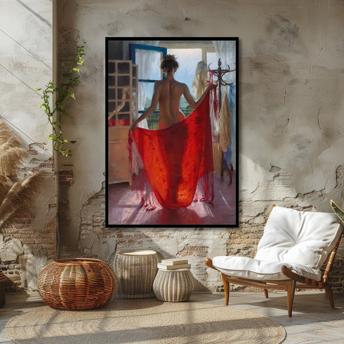 Sensual Red Draped Nude Art Erotic Romantic Wall Decor Ready To Hang - Image 4