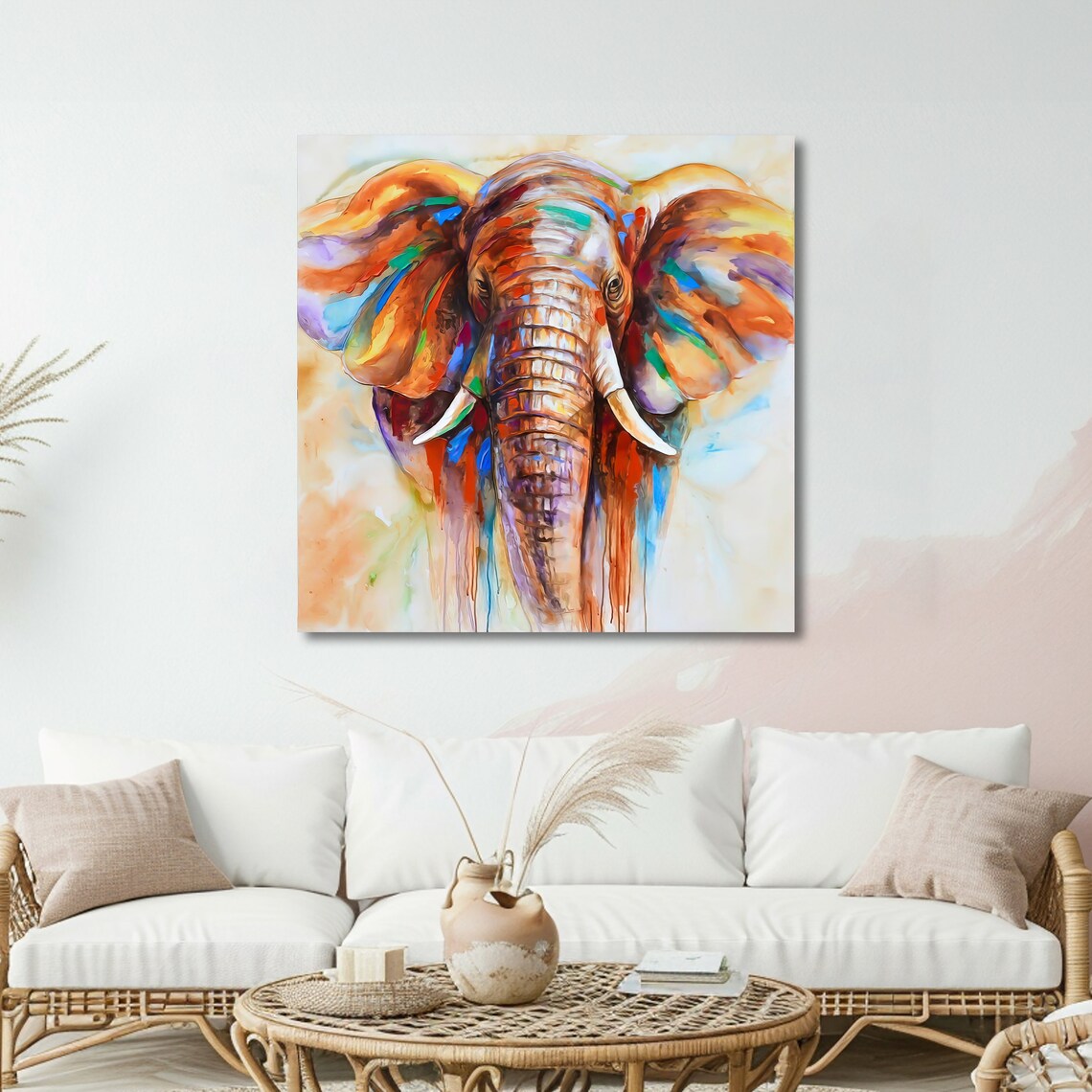 Majestic Front-Facing Elephant Head With Colorful Paint Drip Art Poster - Image 5