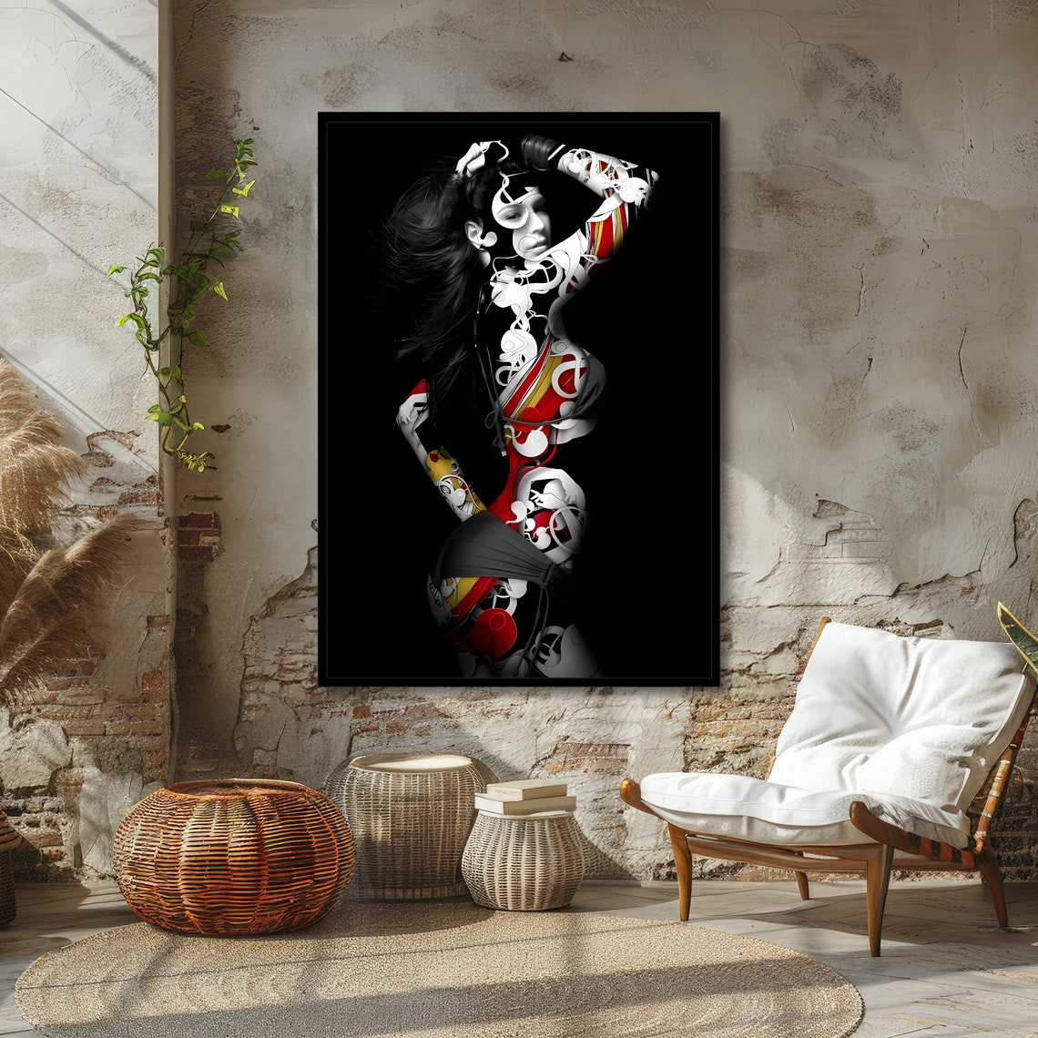 Woman Silhouette Red Graffiti Patterns Black Background Poster - Image 3
