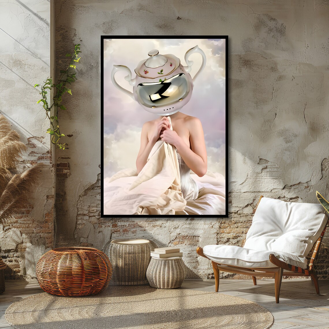 Vintage Lady With Teapot Helmet Surreal Wall Art Whimsical Art Print Ready To Hang Decor - Image 4