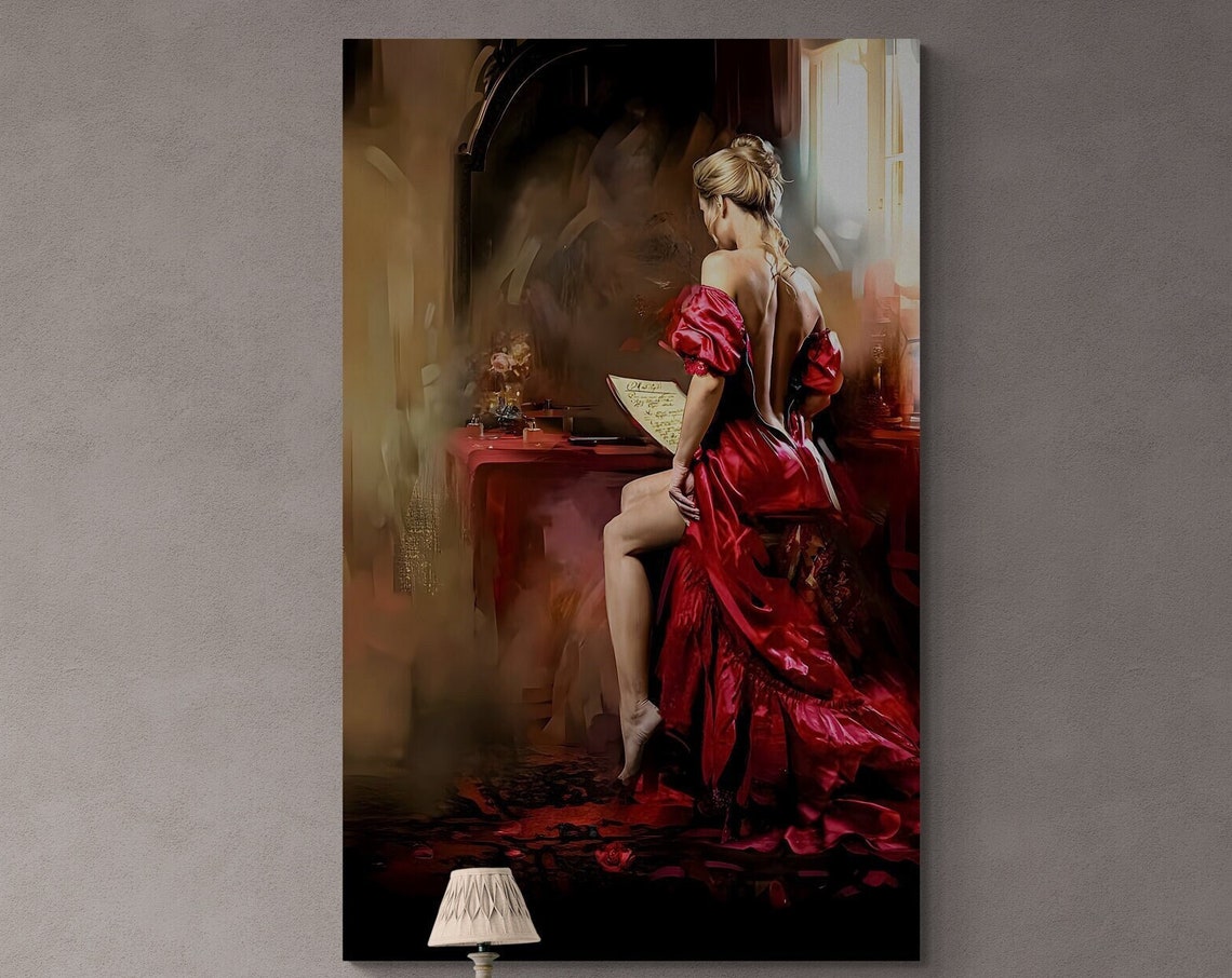 Red Dress Woman Wall Art Girl Reading Letter Print Beautiful Woman Painting Ready To Hang - Image 2