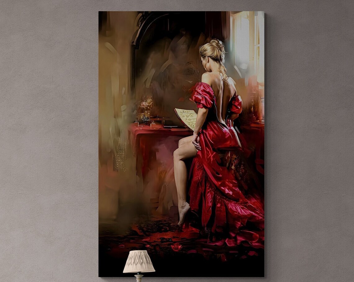 Romantic Woman In Red Dress Reading Letter Candlelit Vintage Poster - Image 2