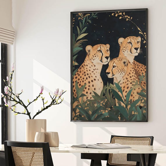 Elegant Cheetah Trio Wall Art Vintage Wildlife Print Celestial Jungle Safari Animal Decor