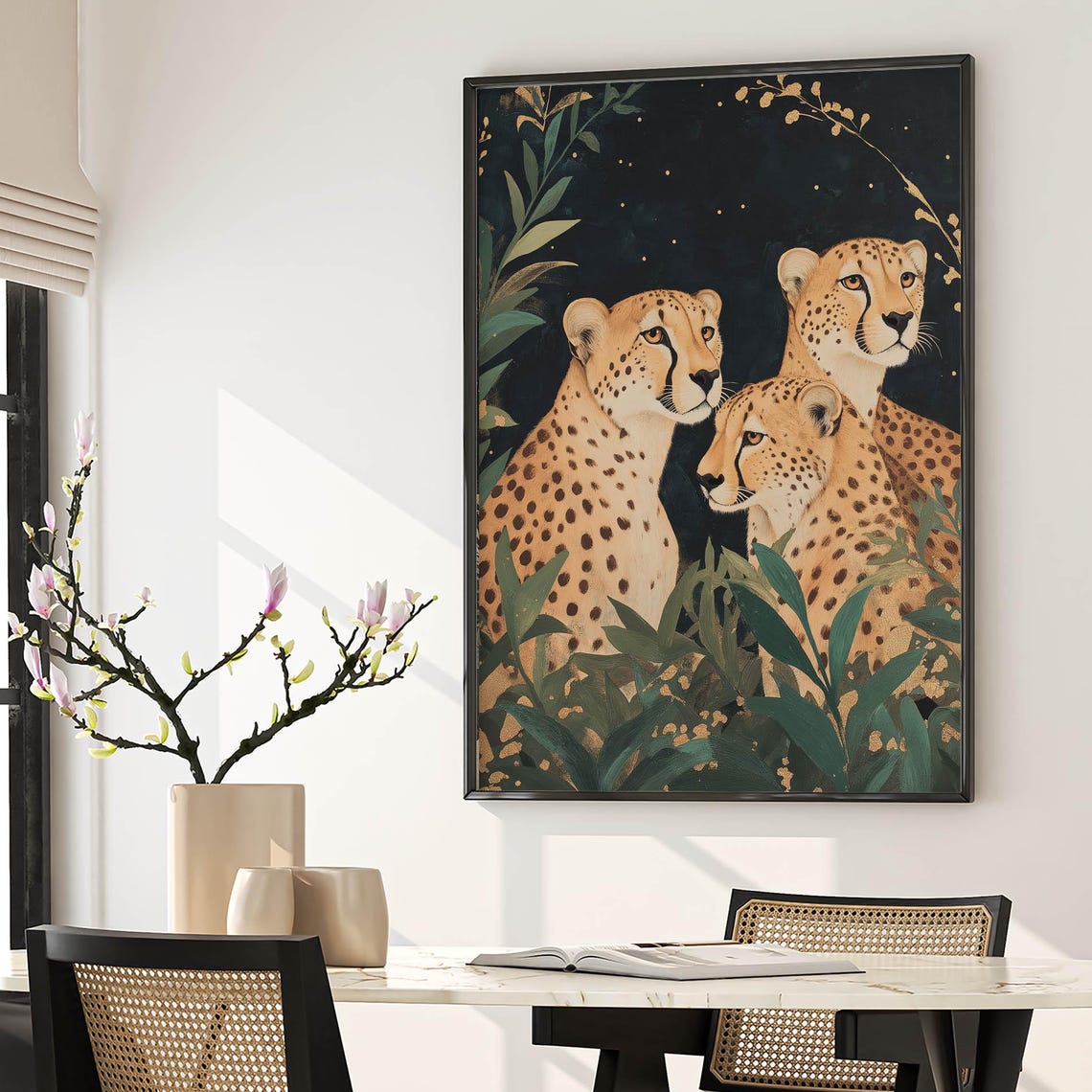 Three Cheetahs Jungle Foliage Starry Night Elegant Safari Wall Art