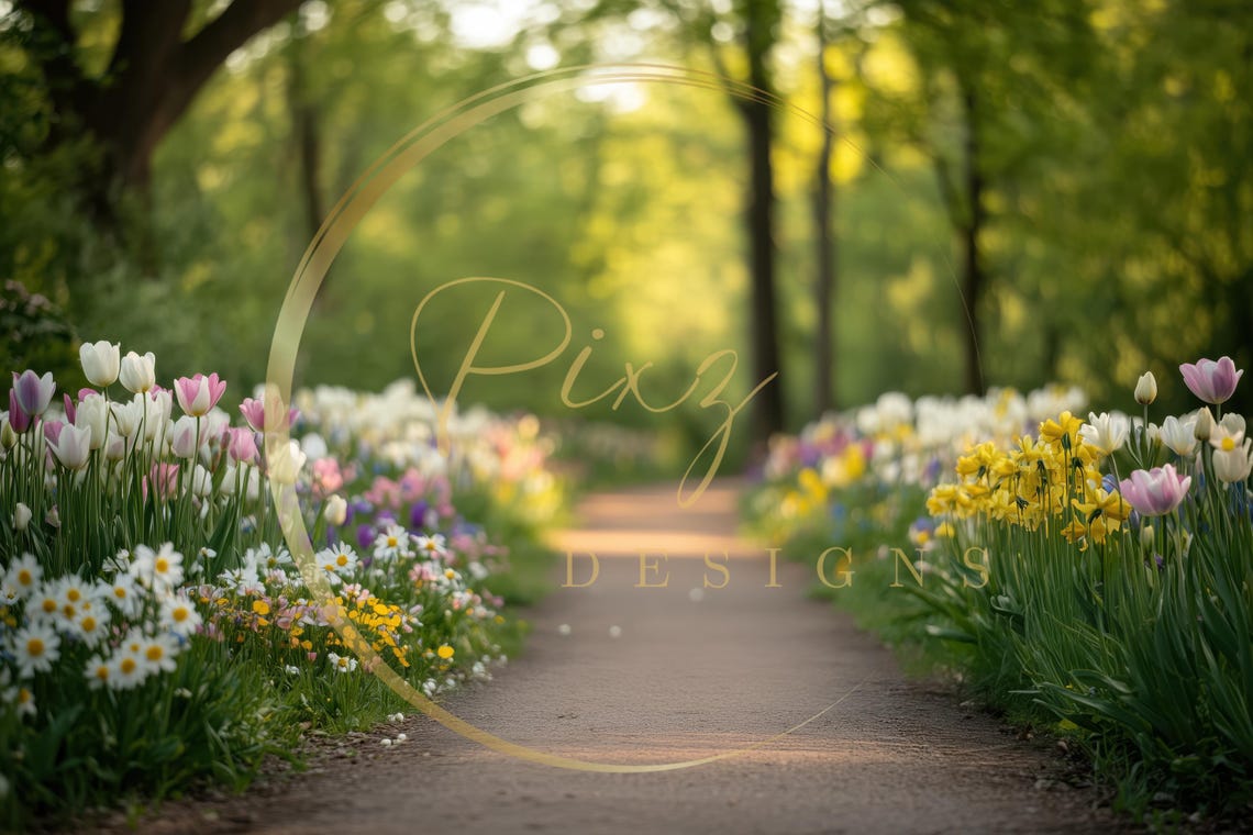 Easter Tulip Garden Spring Pathway Girl In White Dress Backdrop Poster - Image 2