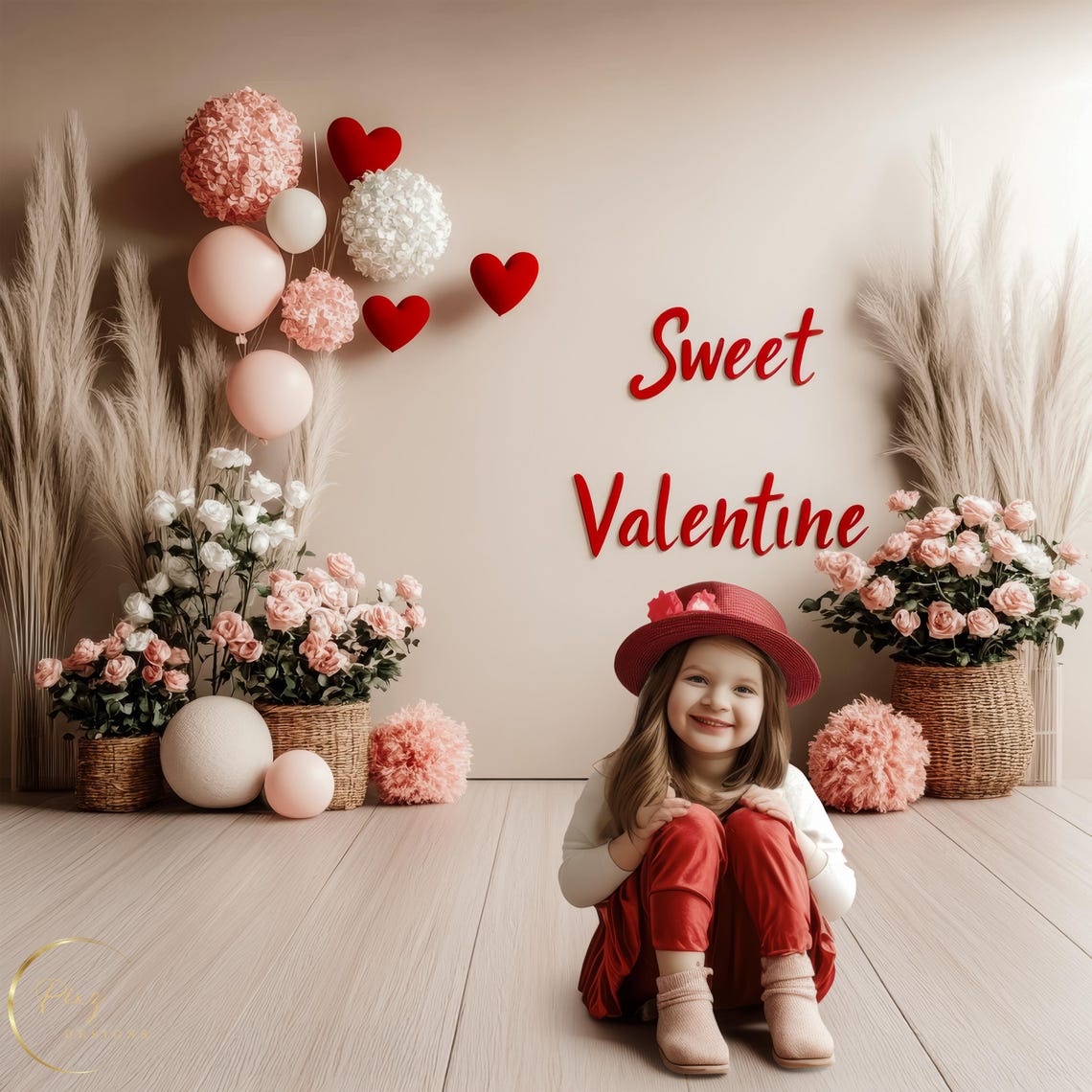 Sweet Valentine Studio Setup Girl In Red Hat Floral Balloon Backdrop