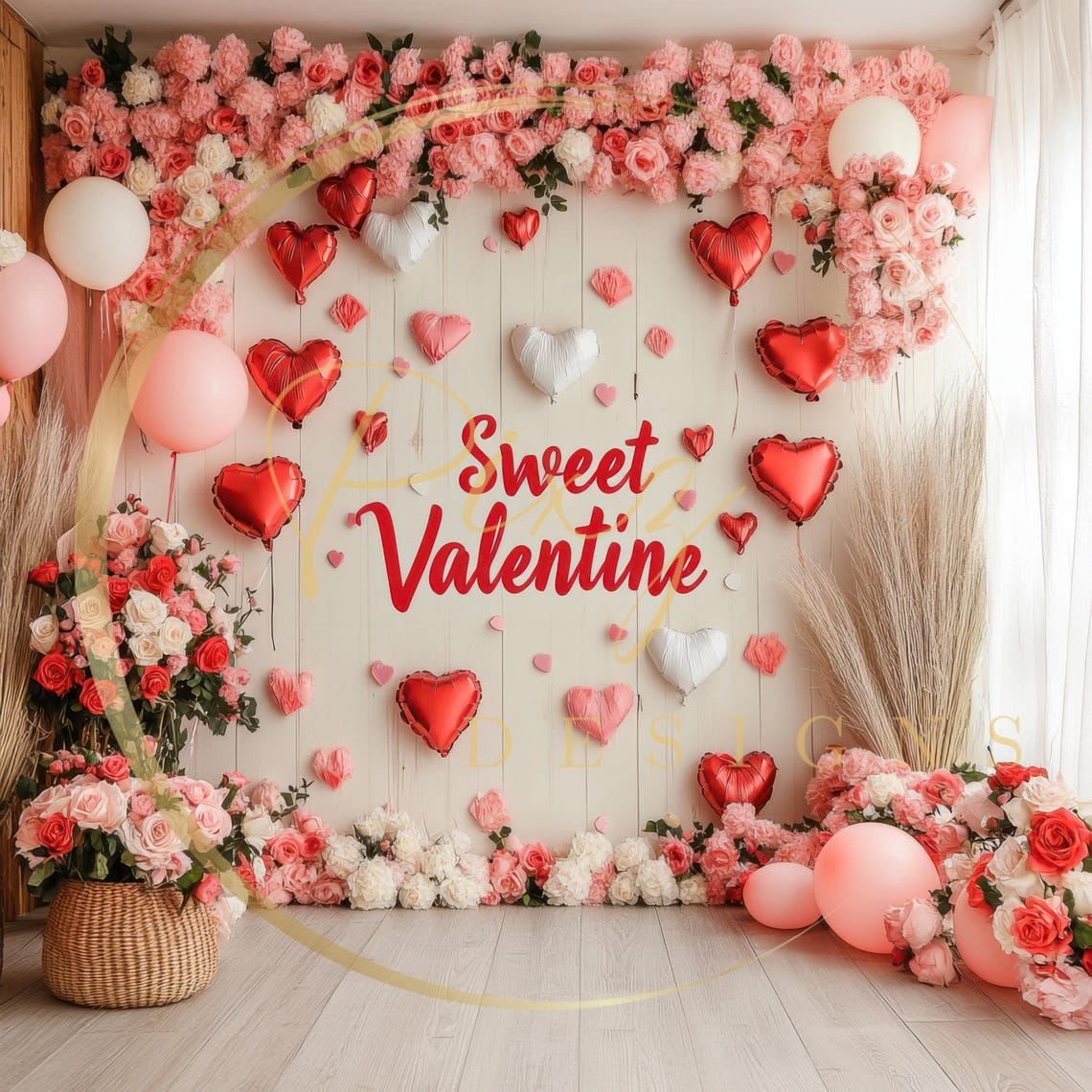 Sweet Valentine Studio Background Heart Balloons Floral Decor Backdrop - Image 2