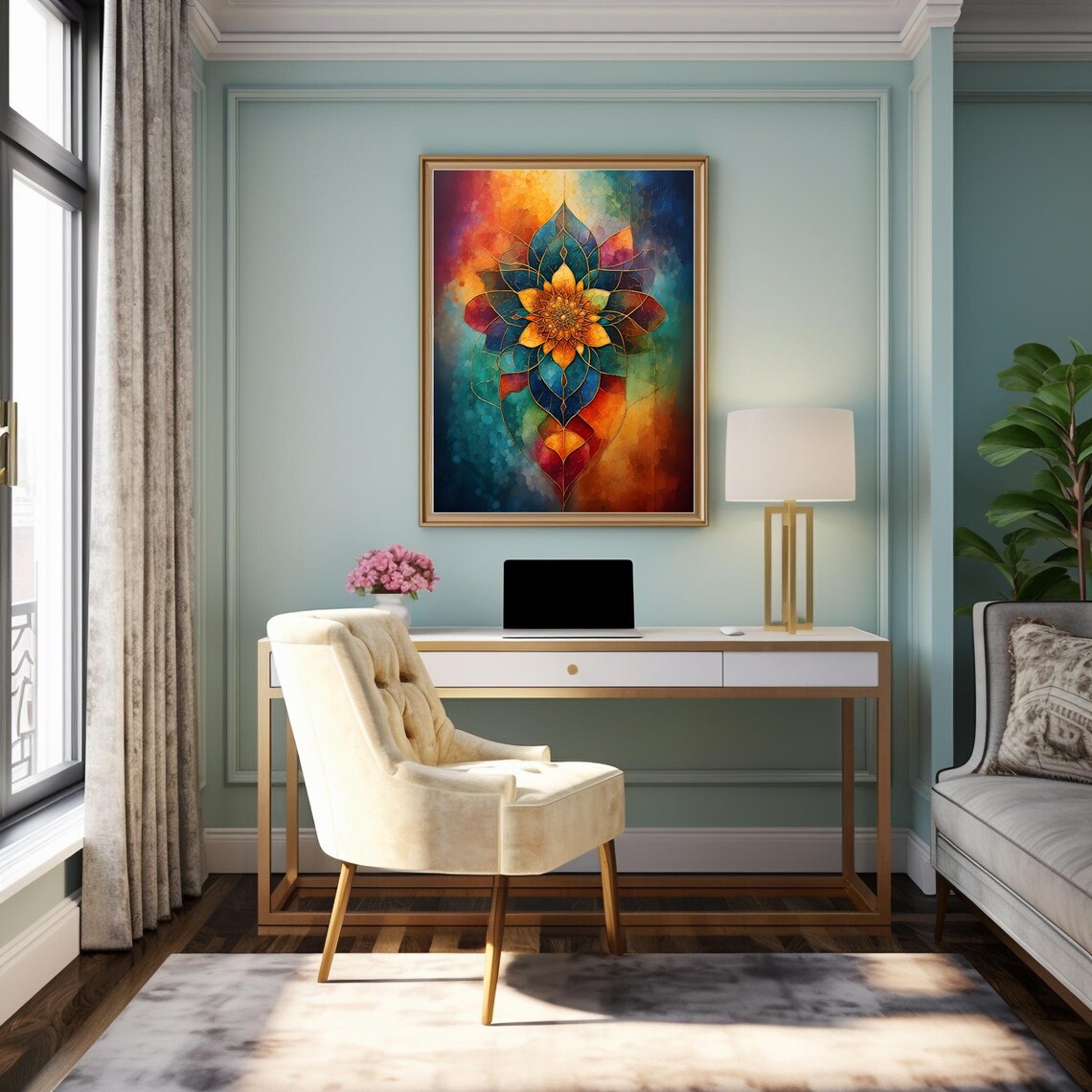 Golden Flower Mandala Colorful Petals Gradient Radiant Dreamlike Poster