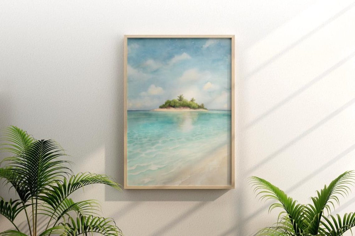 Serene Tropical Island Watercolor Turquoise Sea And White Sand Poster