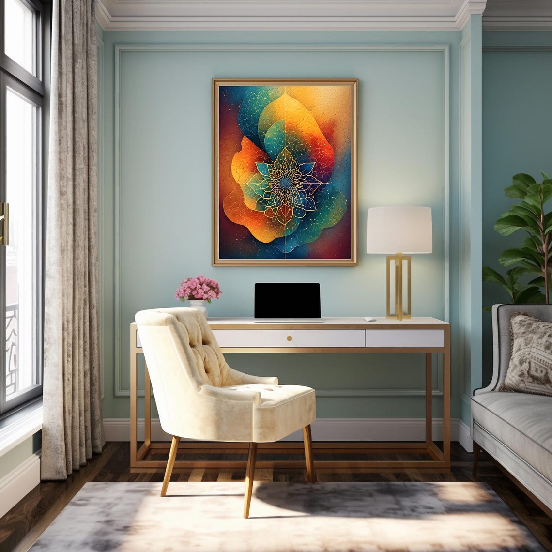 Flower Mandala Teal Orange Purple Starry Vibrant Cosmic Floral Poster