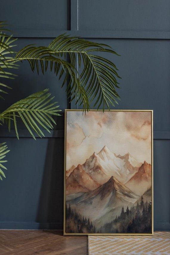Misty Mountain Peaks Watercolor Art Print