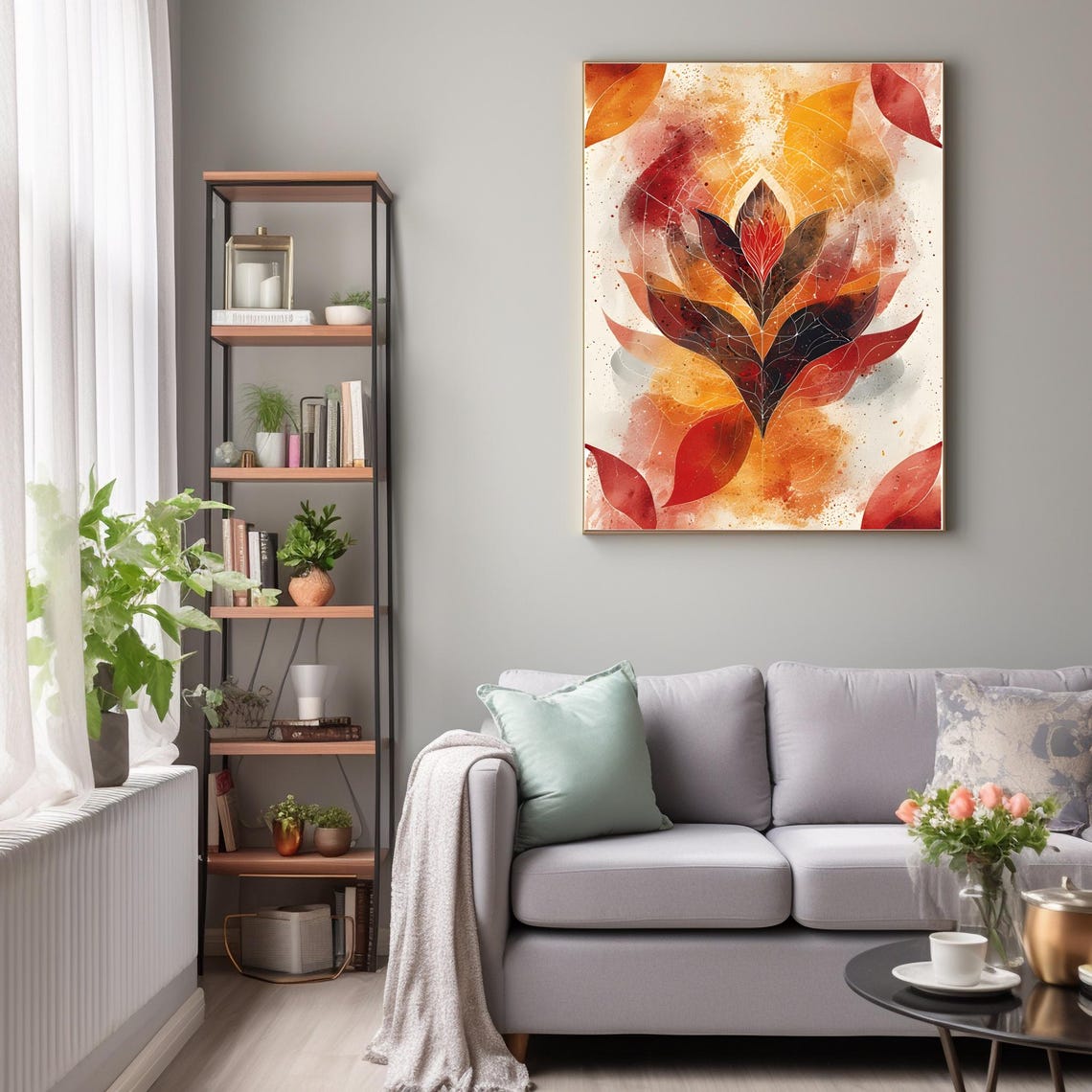 Abstract Floral Layered Red Orange Black Petals Warm Modern Art Poster