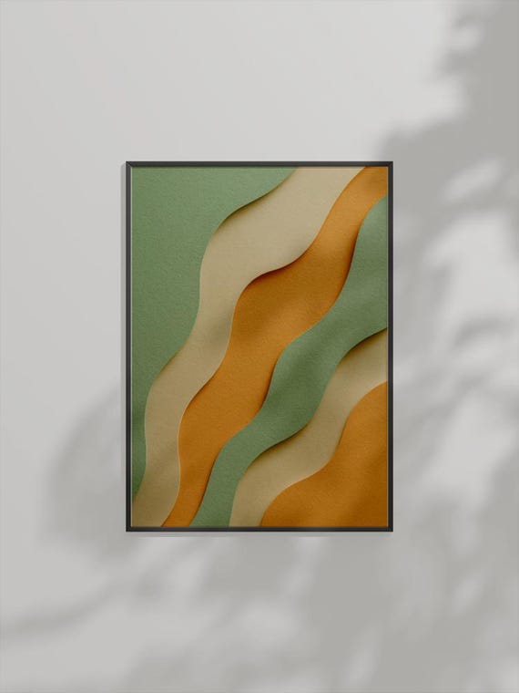 Modern Abstract Wall Art Wavy Minimalist Poster Green Orange Neutral