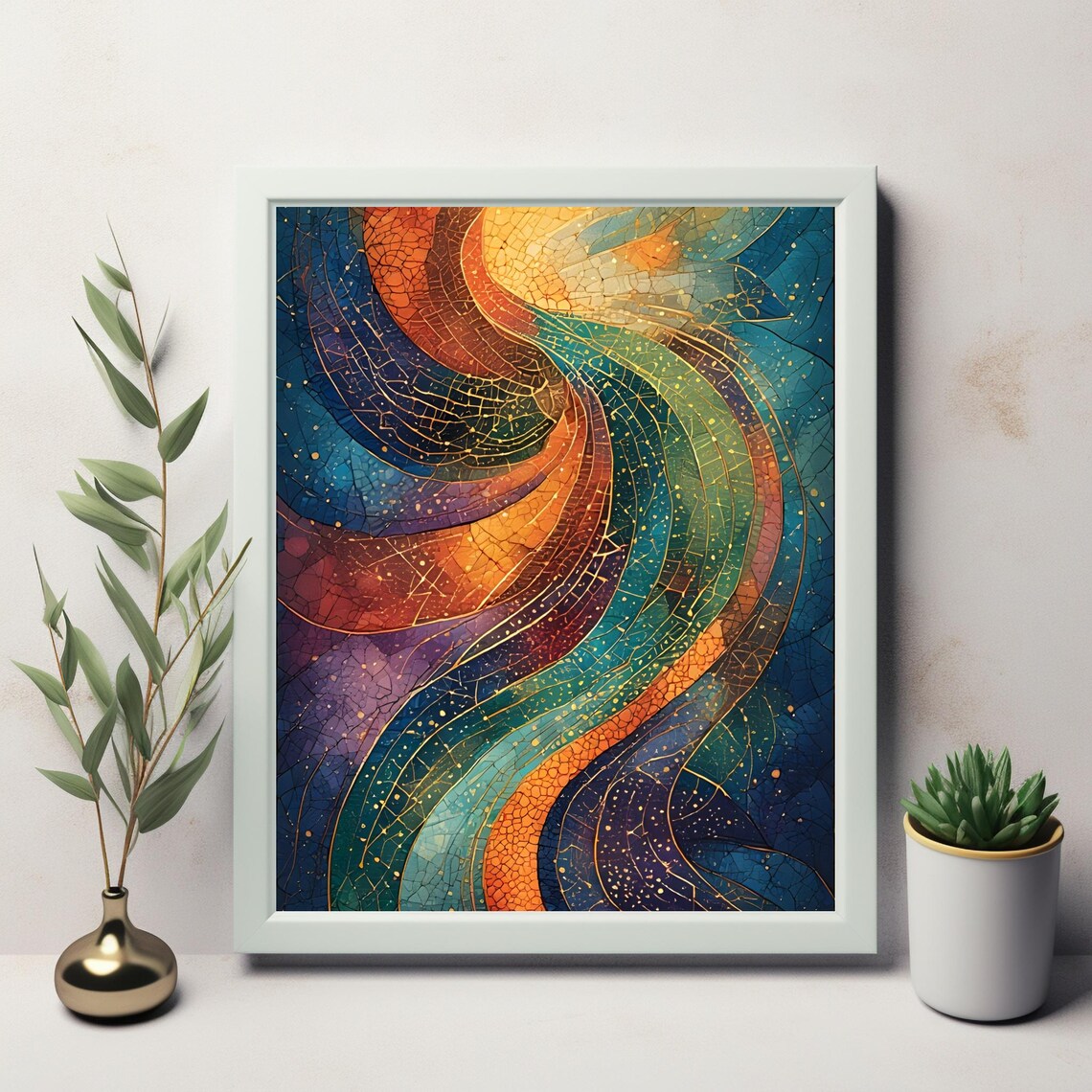 Mosaic Waves Jewel Tones Teal Orange Gold Stained Glass Flow Poster