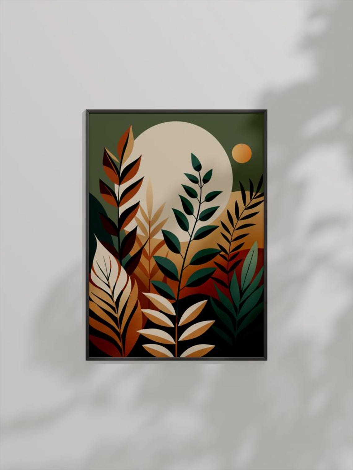 Earthy Botanical Leaves Moon Abstract Rust Green Cream Wall Poster Art