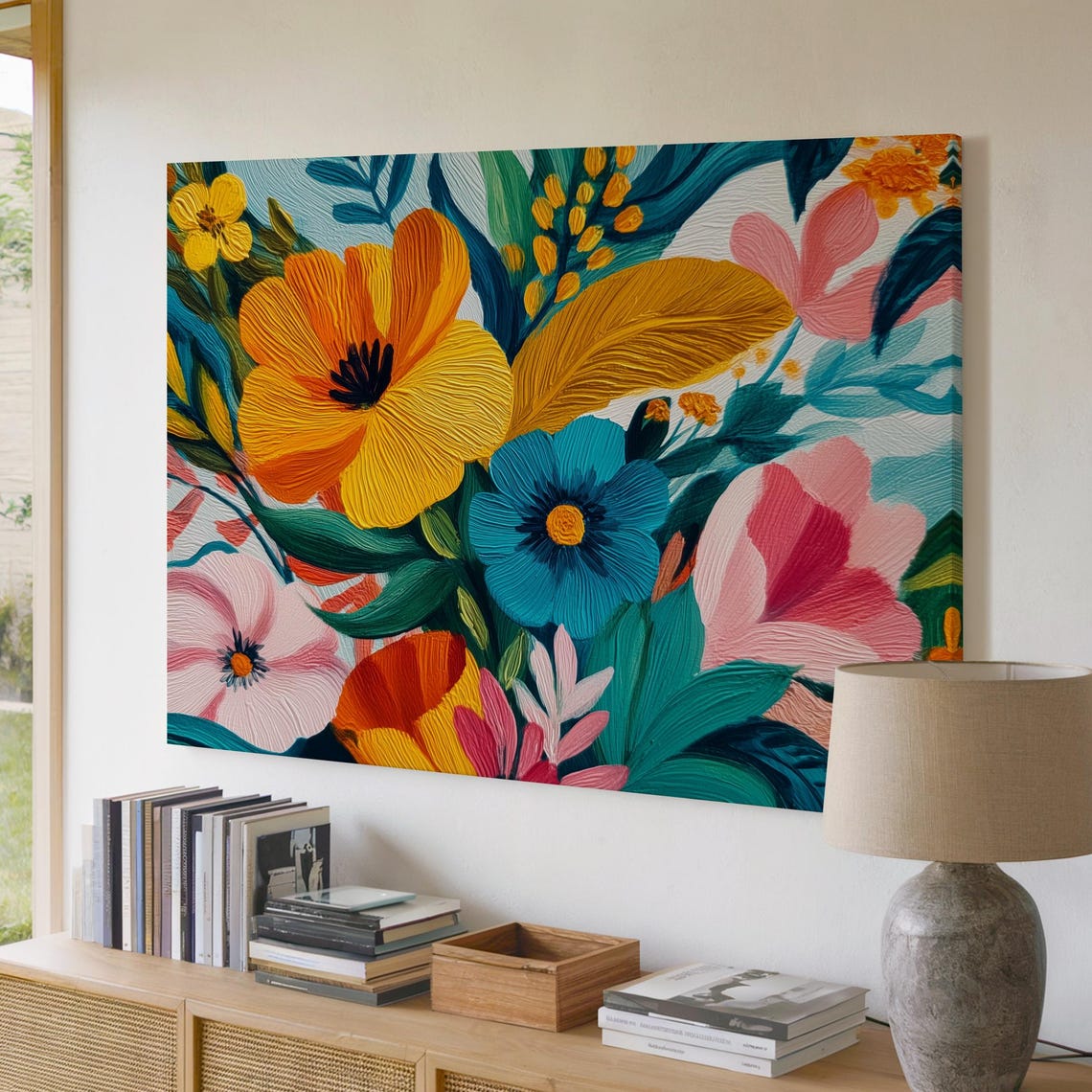 Bold Impasto Flowers Orange Blue Pink Modern Botanical Wall Art
