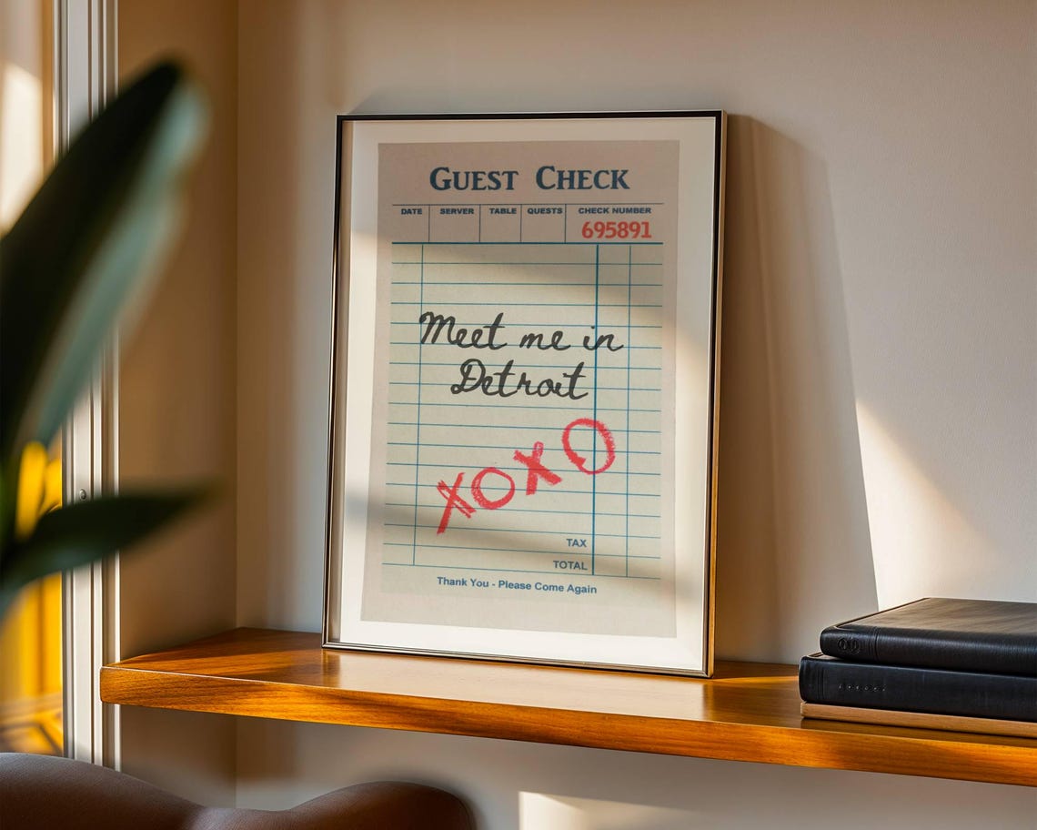 Meet Me in Detroit Guest Check XOXO Note Vintage Kitchen Wall Art
