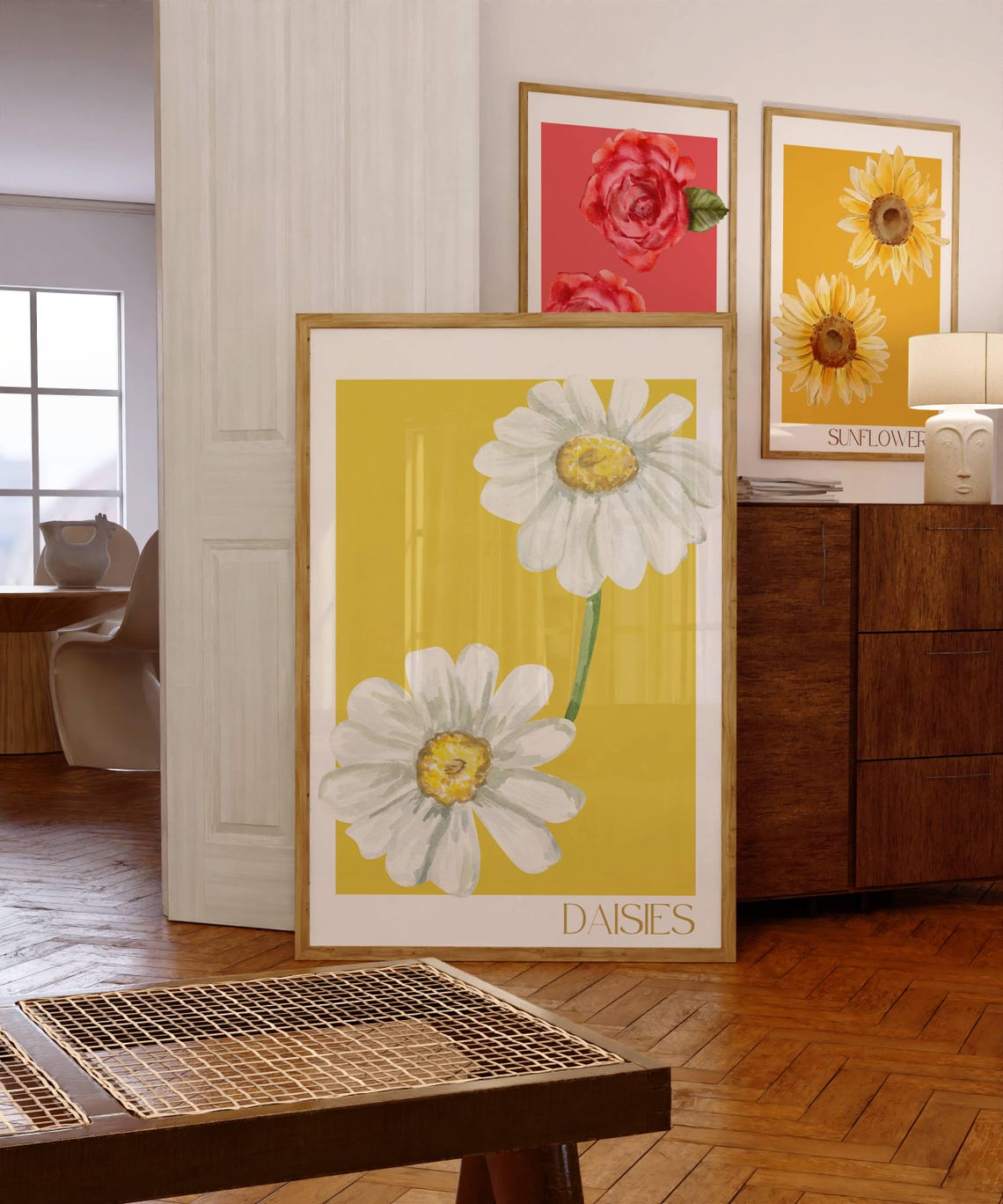 White Daisies Watercolor Floral Mustard Yellow Botanical Art Poster