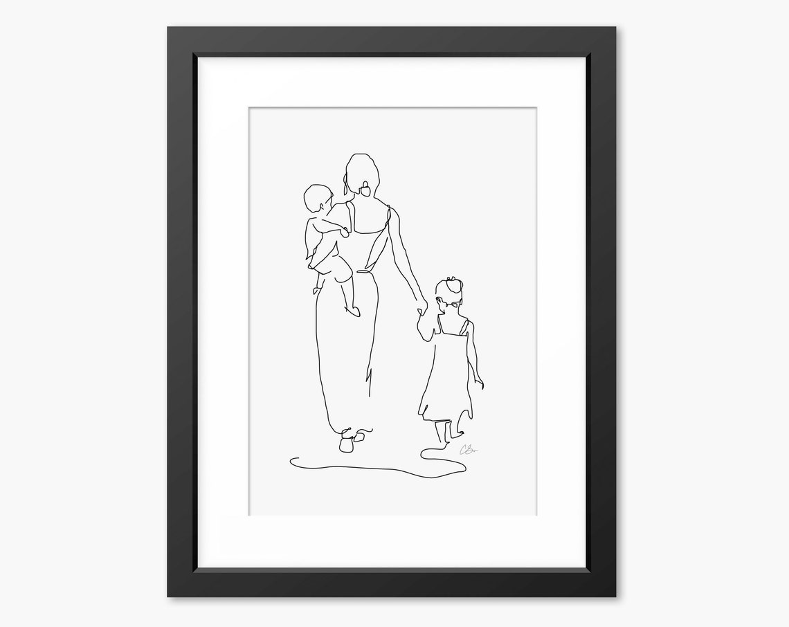 Mother Walking With Two Young Daughters Line Drawing Style Poster - Image 2
