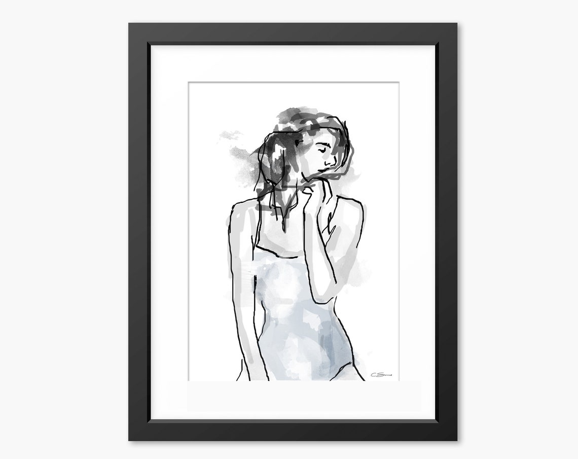 Wall Art Print Female Art Print Nordic Print Watercolour Print Blue Living Room Art Female Illustration Nordic Style Print Blue Print