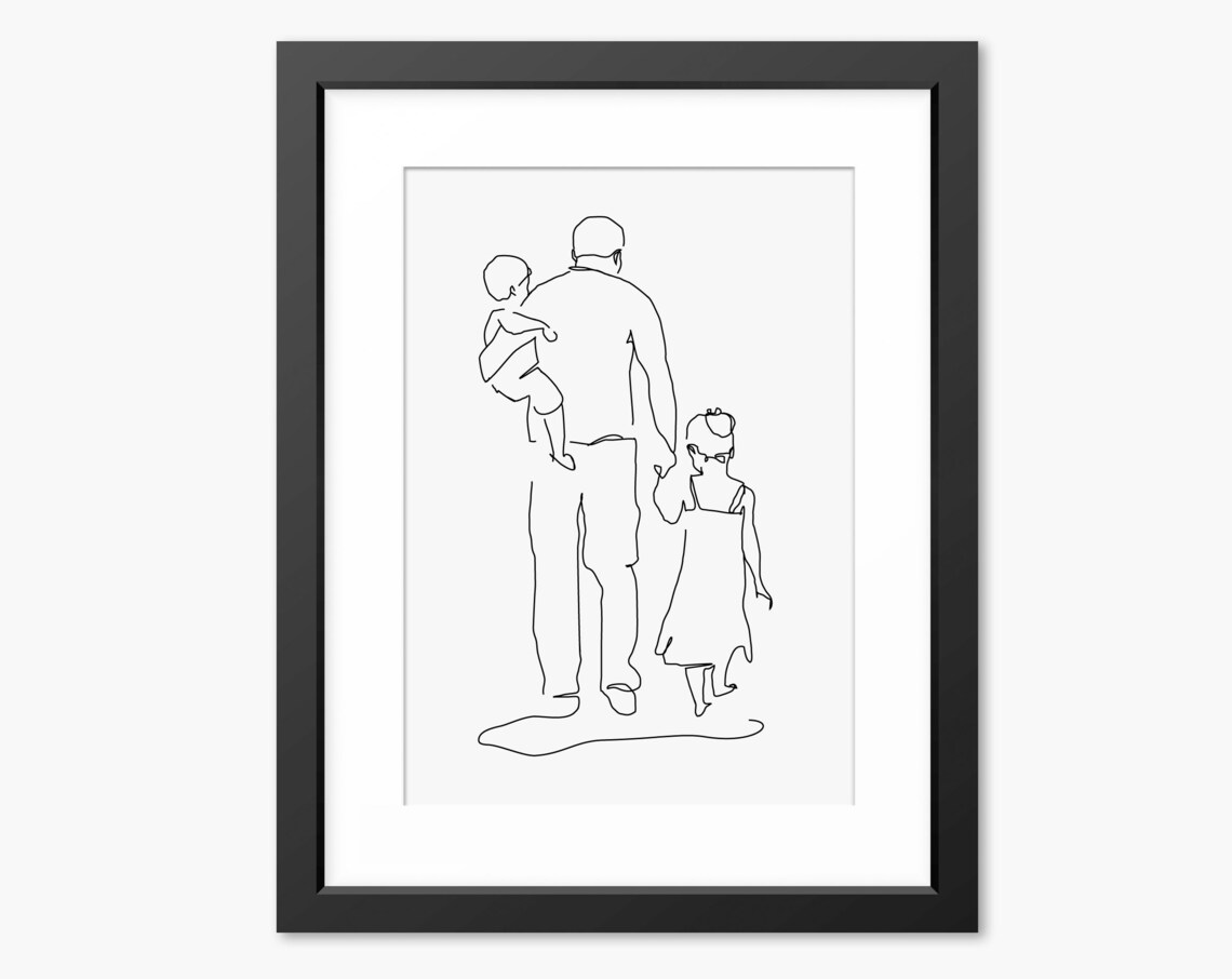 Father Carrying Toddler and Holding Daughter's Hand Line Art Poster