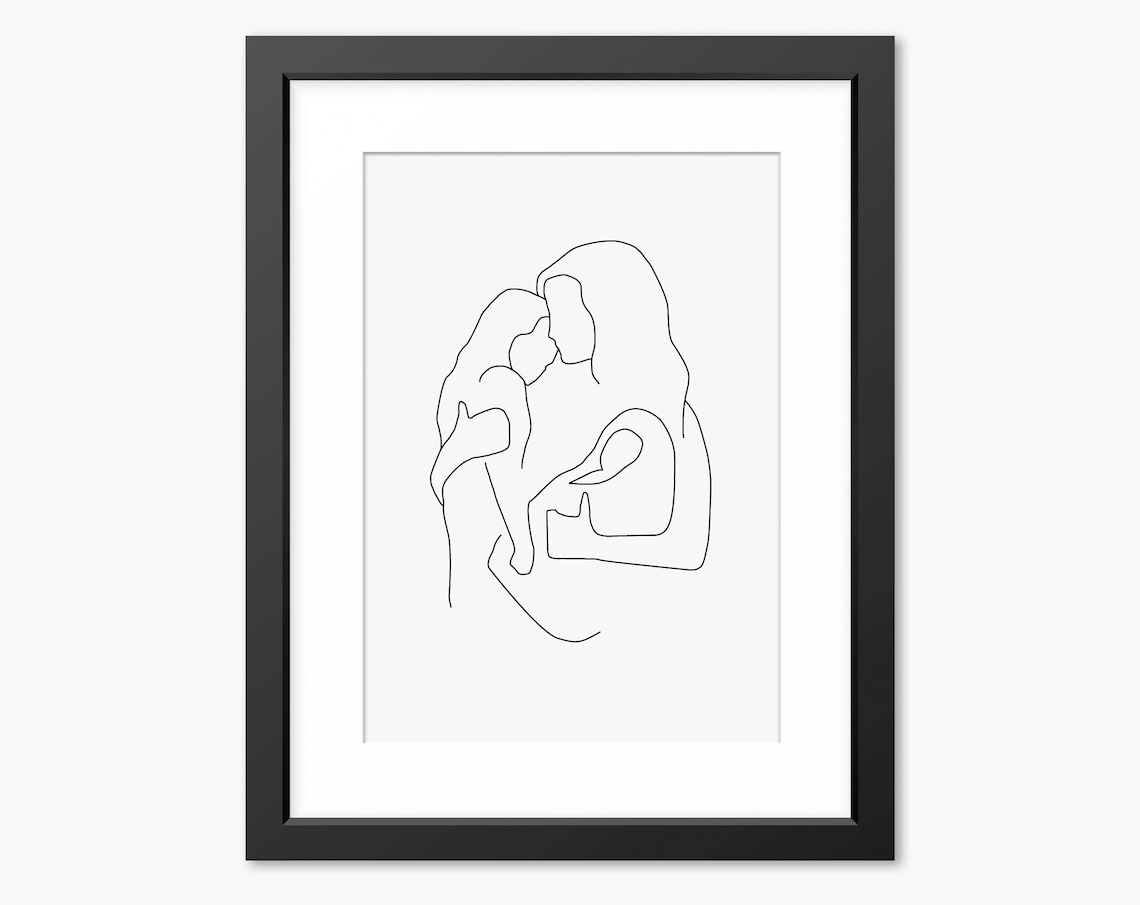 Mother Cradling Her Baby in Arms Tender Minimalist Line Art Poster