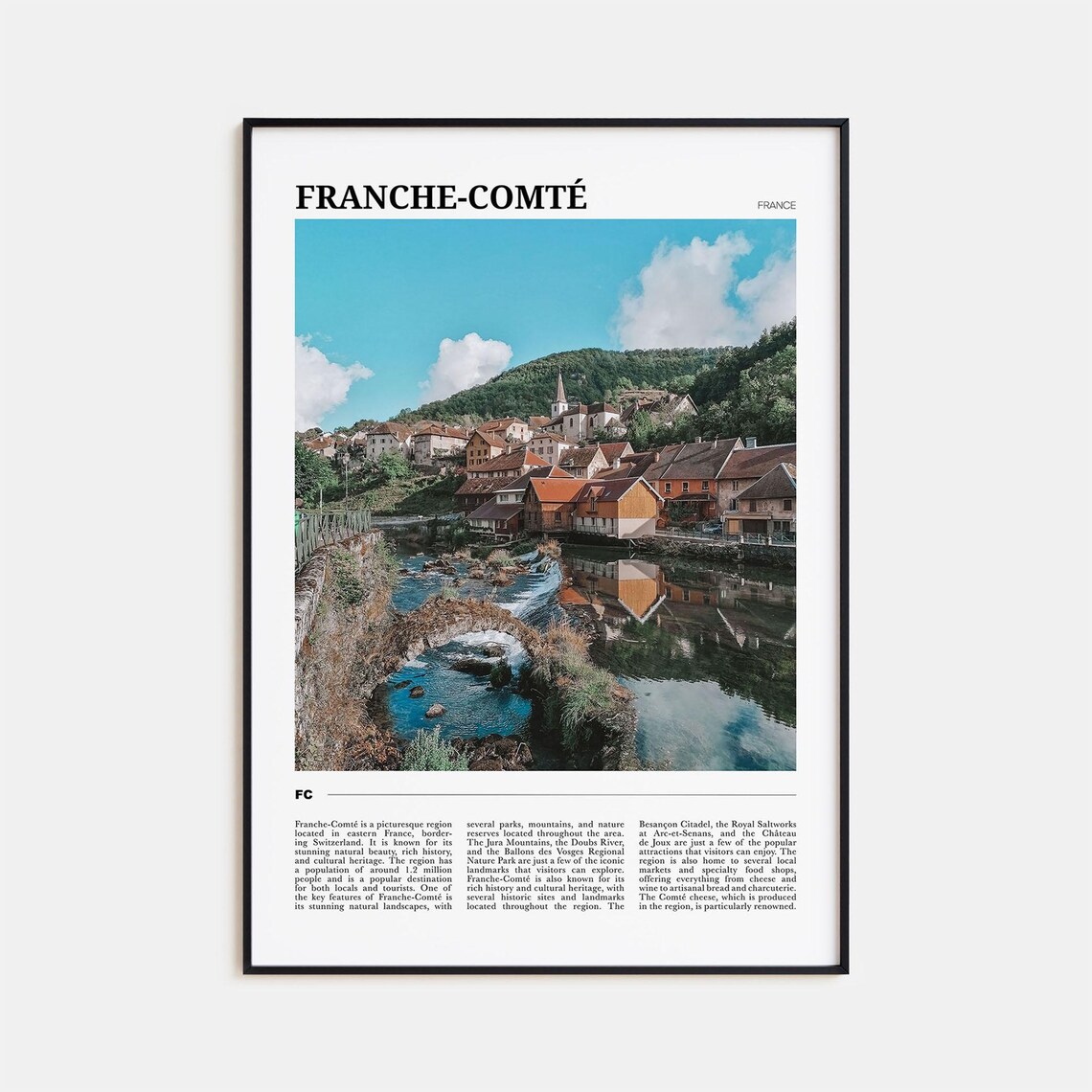 Franche Comte France Riverside Village Church Spire Travel Poster