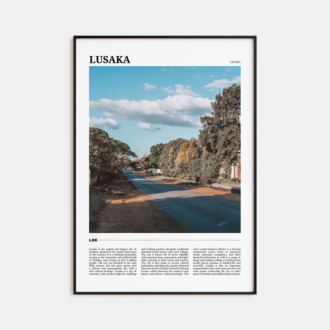 Lusaka Zambia Tree Lined Avenue Scenic Street City Travel Poster