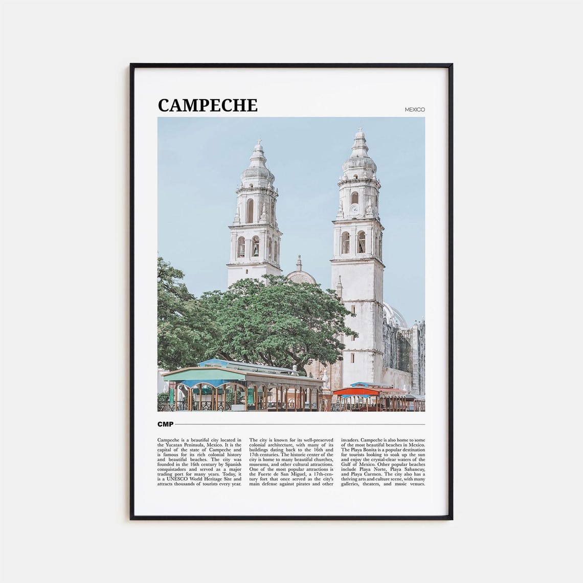 Campeche Mexico White Cathedral Twin Towers Colonial Travel Poster