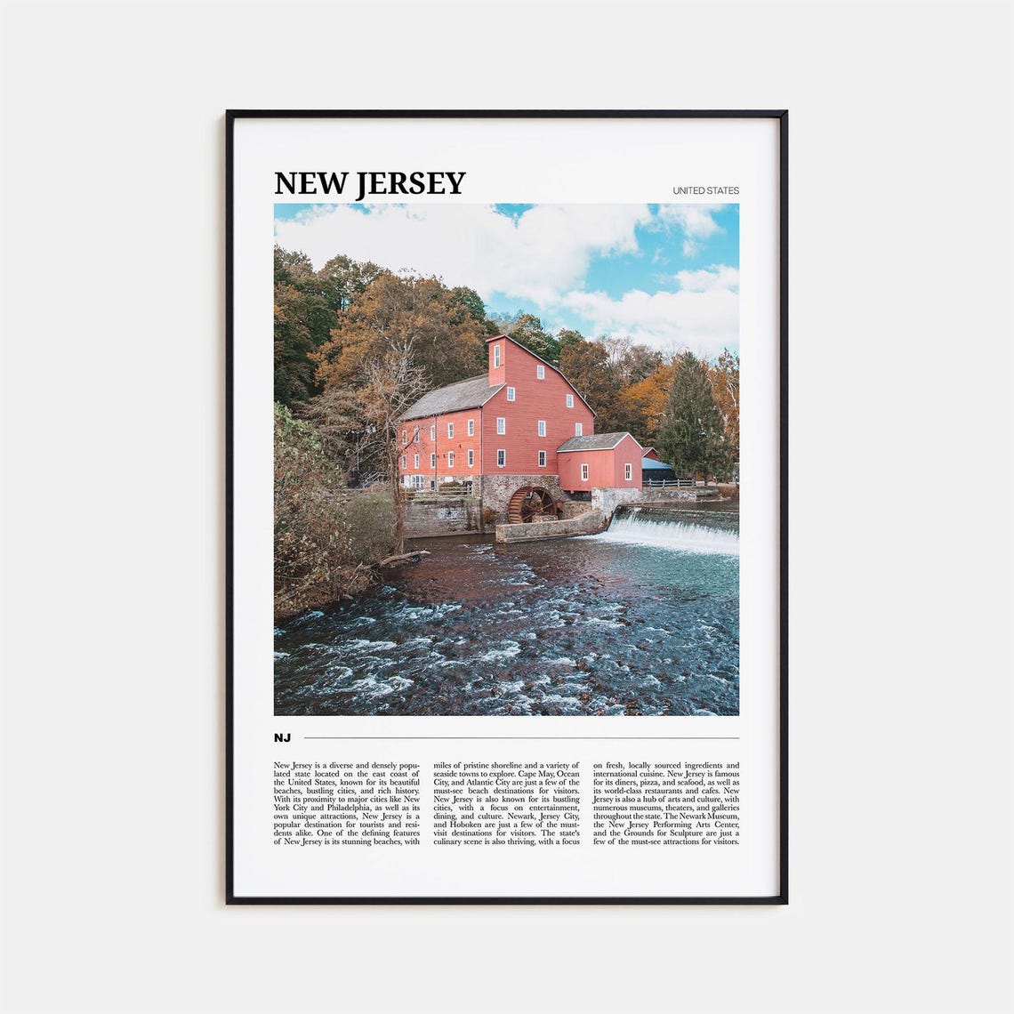 New Jersey Historic Red Mill Waterfall Vintage Editorial Travel Poster