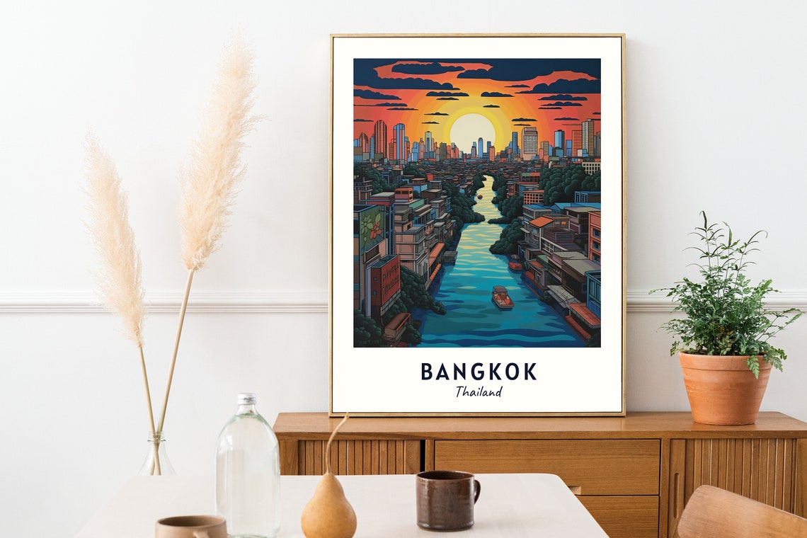 Bangkok Thailand River Boats Sunset Skyline View Travel Poster - Image 2