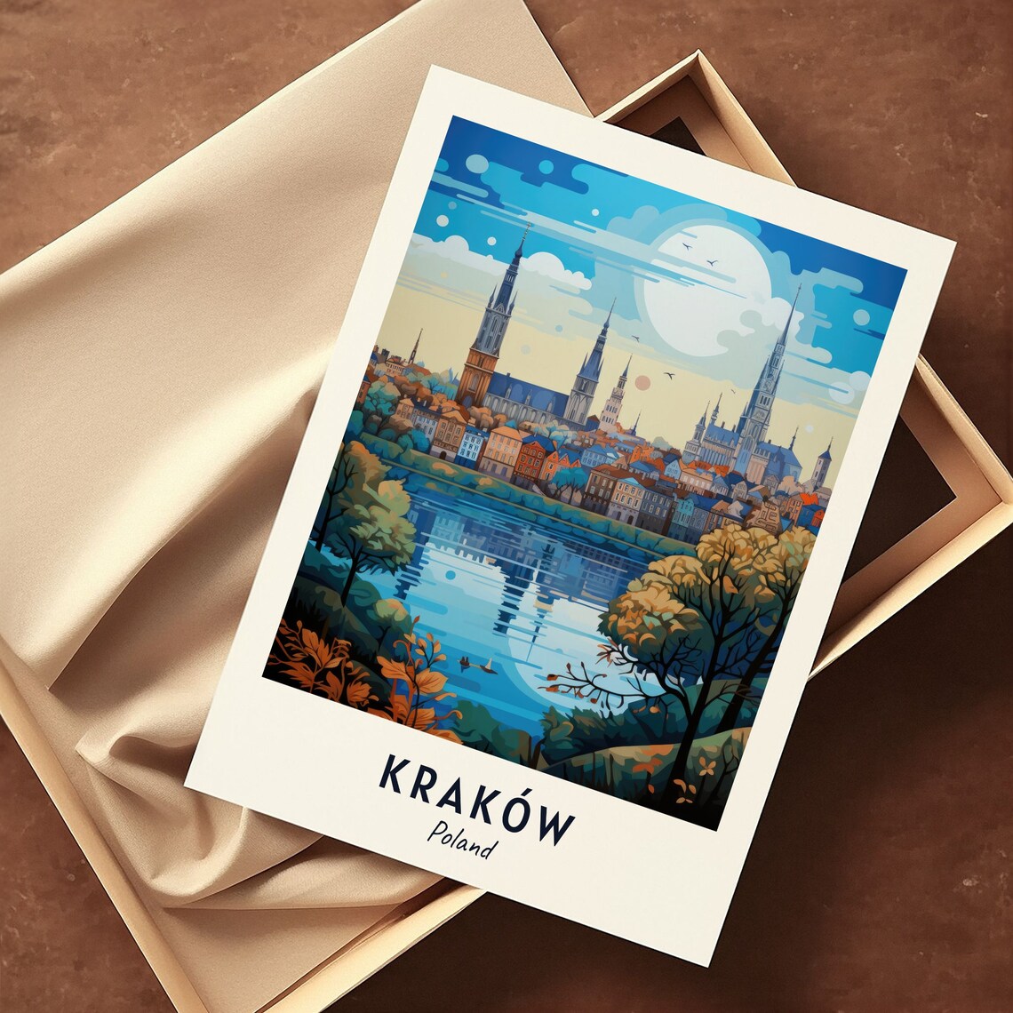 Krakow Poland Moonlit Old Town Spires Over The River Scene Poster - Image 3