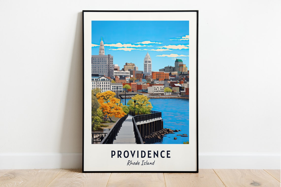 Providence Rhode Island Waterfront Boardwalk Skyline Travel Poster