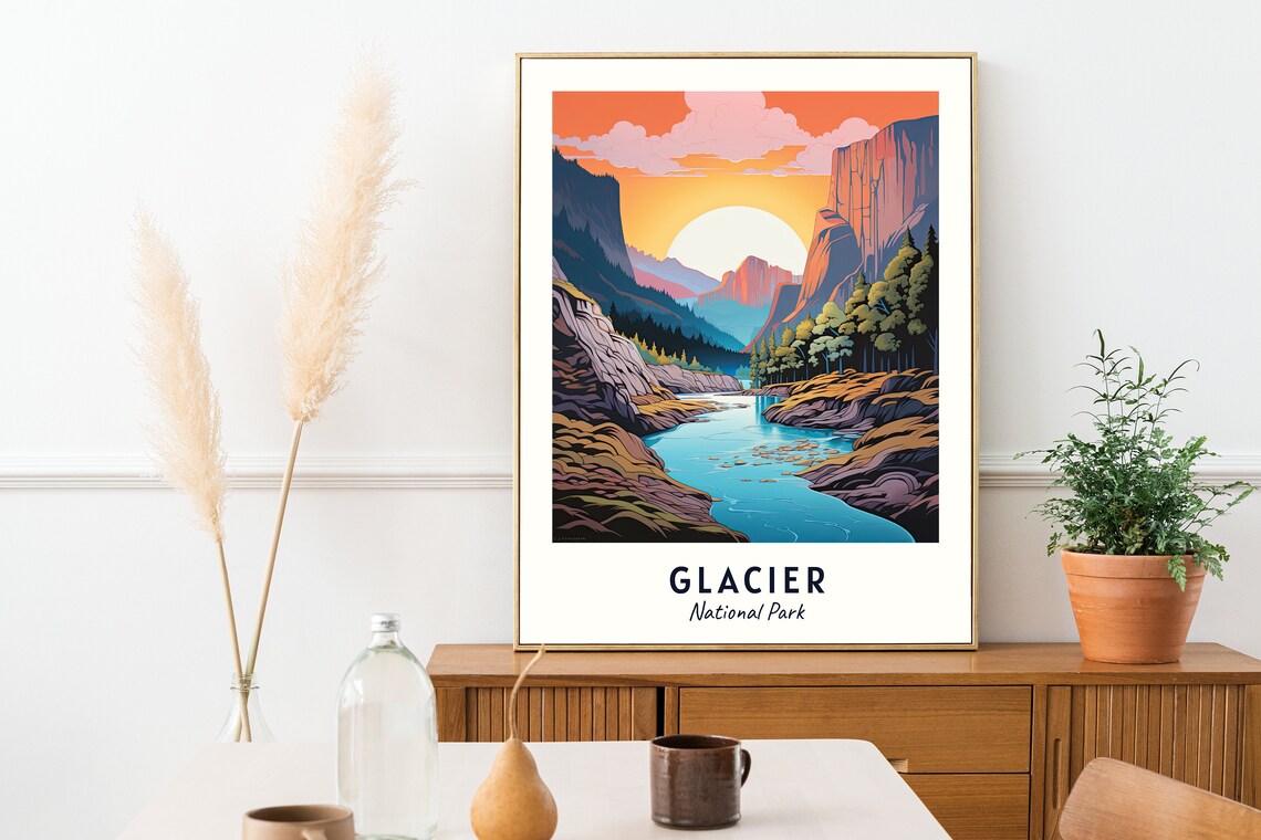 Glacier National Park Sunset River Valley Mountain Travel Poster - Image 2