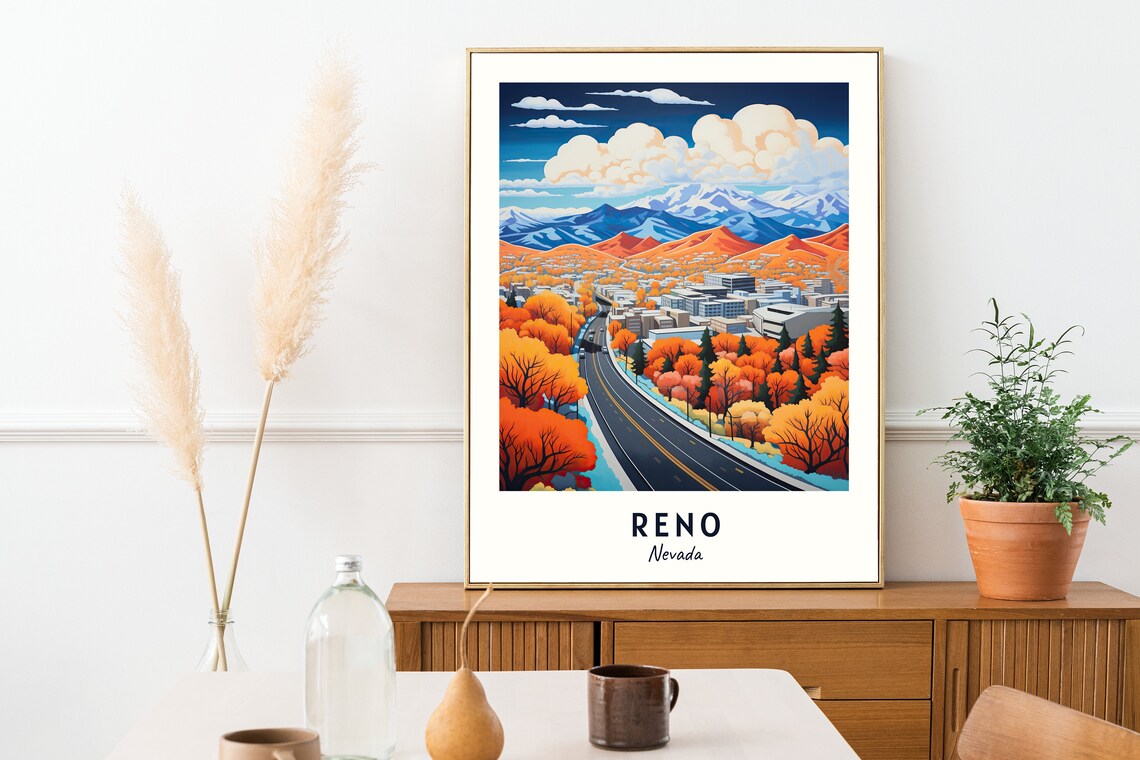 Reno Nevada Autumn Road Into Mountain City Vintage Travel Poster - Image 2