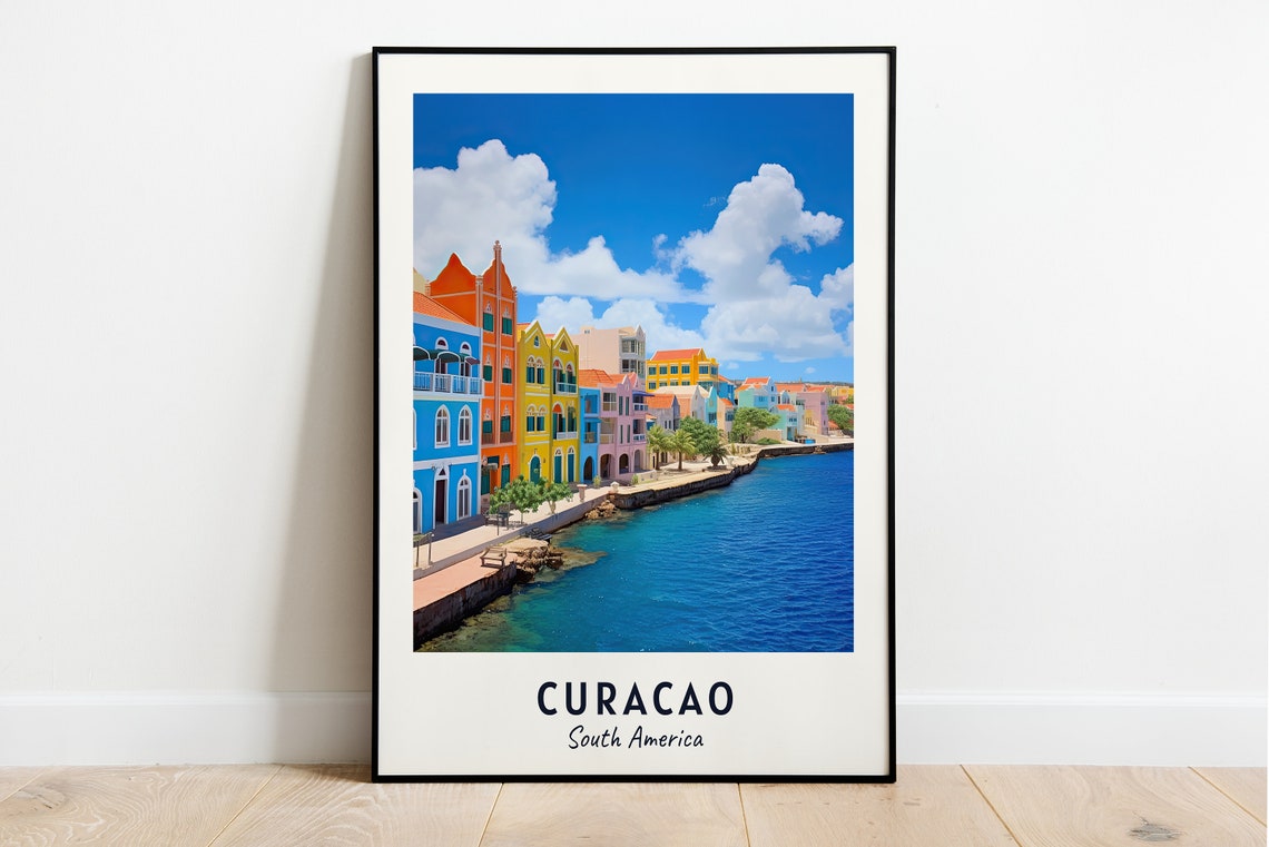 Curacao Caribbean Colorful Waterfront Buildings Travel Poster