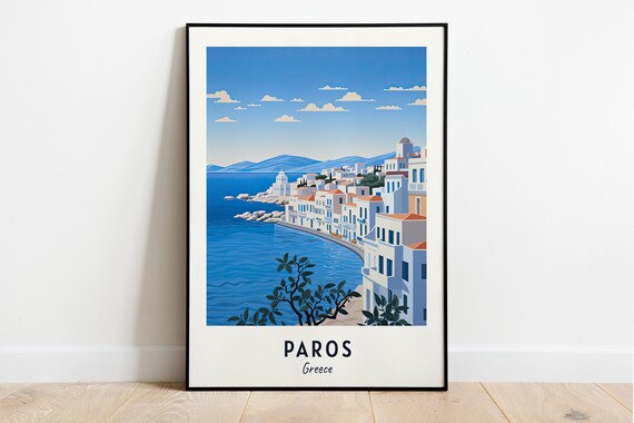 Paros Greece Whitewashed Coastal Town Blue Sea Harbor Poster