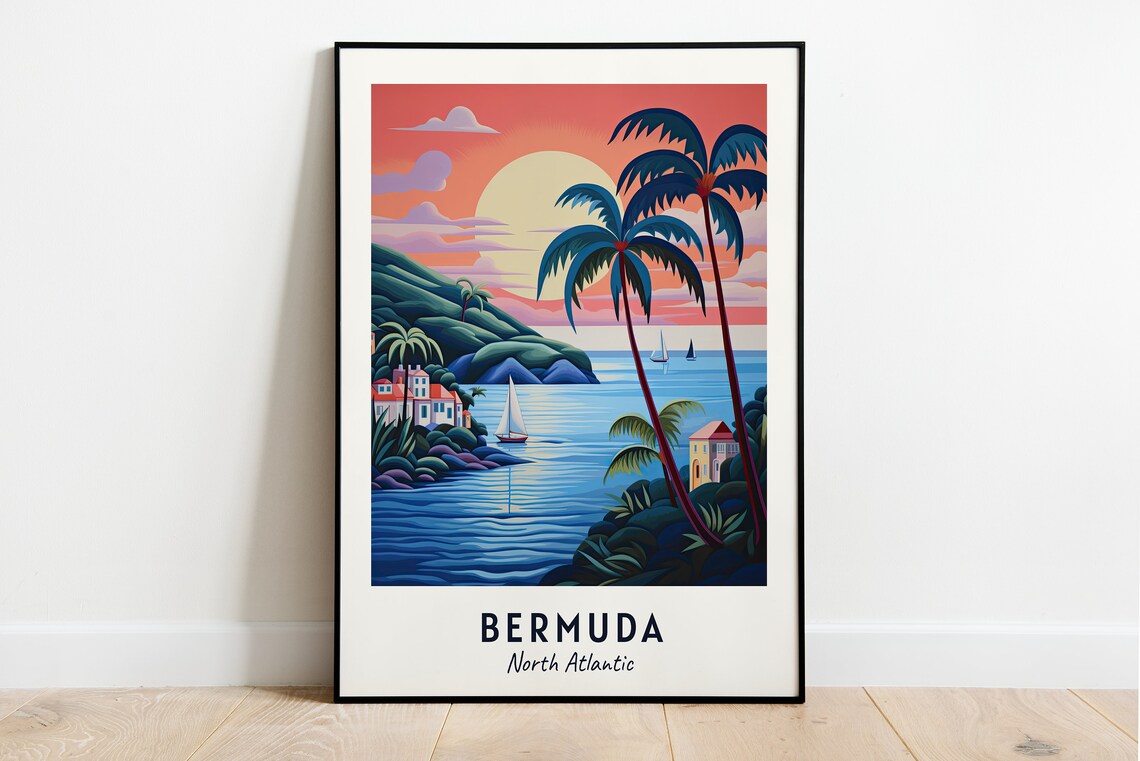 Bermuda North Atlantic Tropical Sunset Sailboats Travel Poster