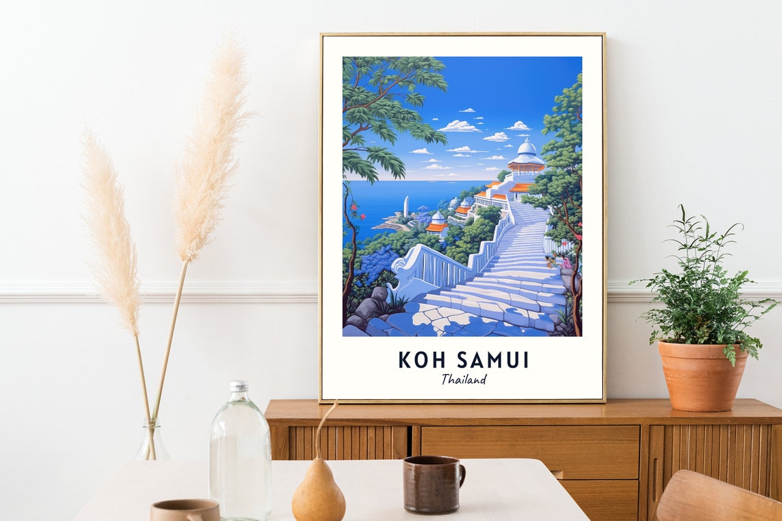 Koh Samui Thailand Temple Stairway Overlooking The Sea Travel Poster - Image 2