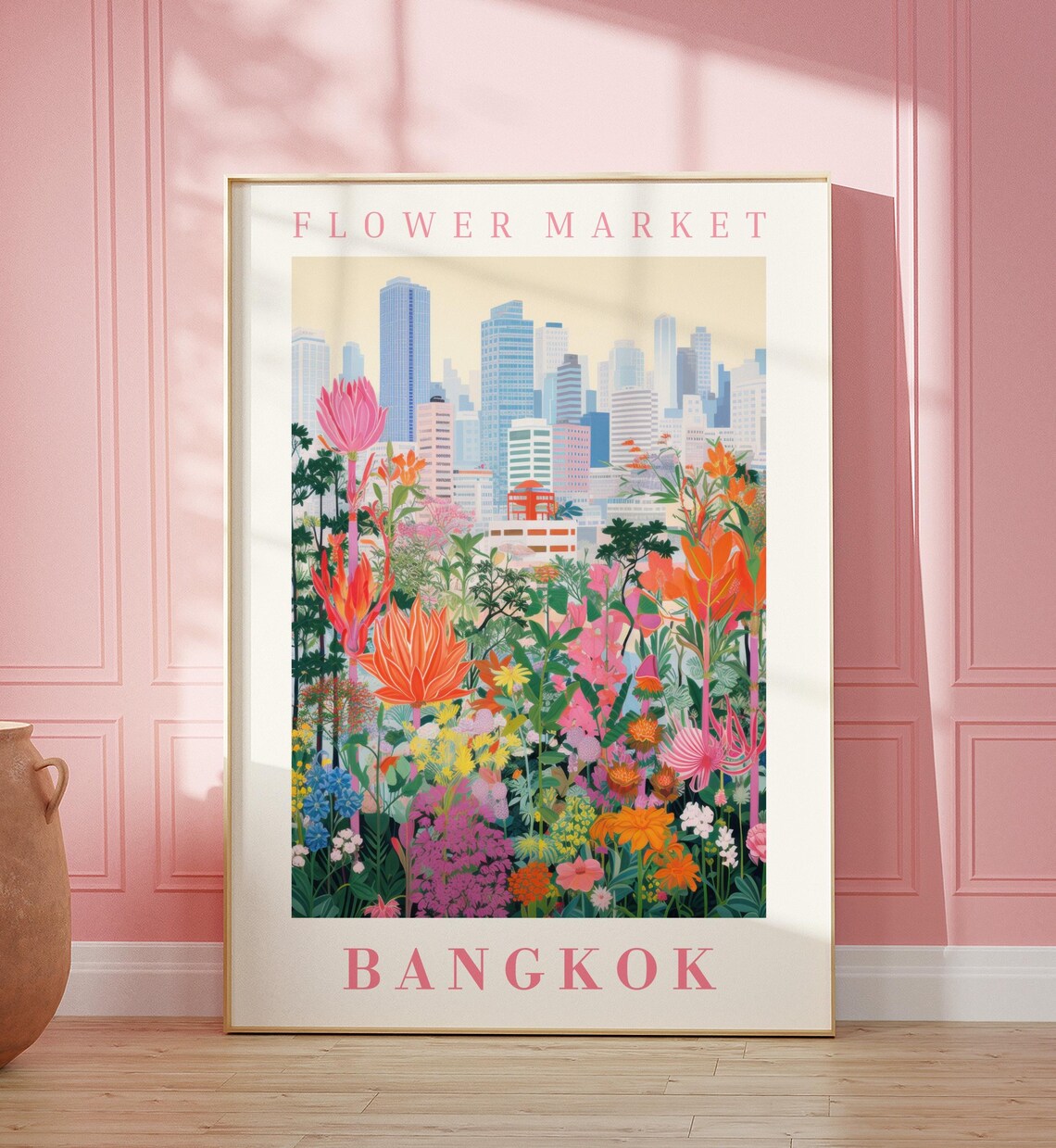Bangkok Flower Market Tropical Bloom City Skyline Travel Poster