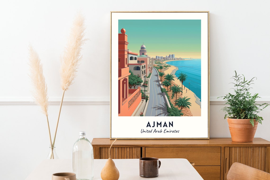 Ajman Corniche Beachfront Palm Road Seaside UAE Travel Poster - Image 2