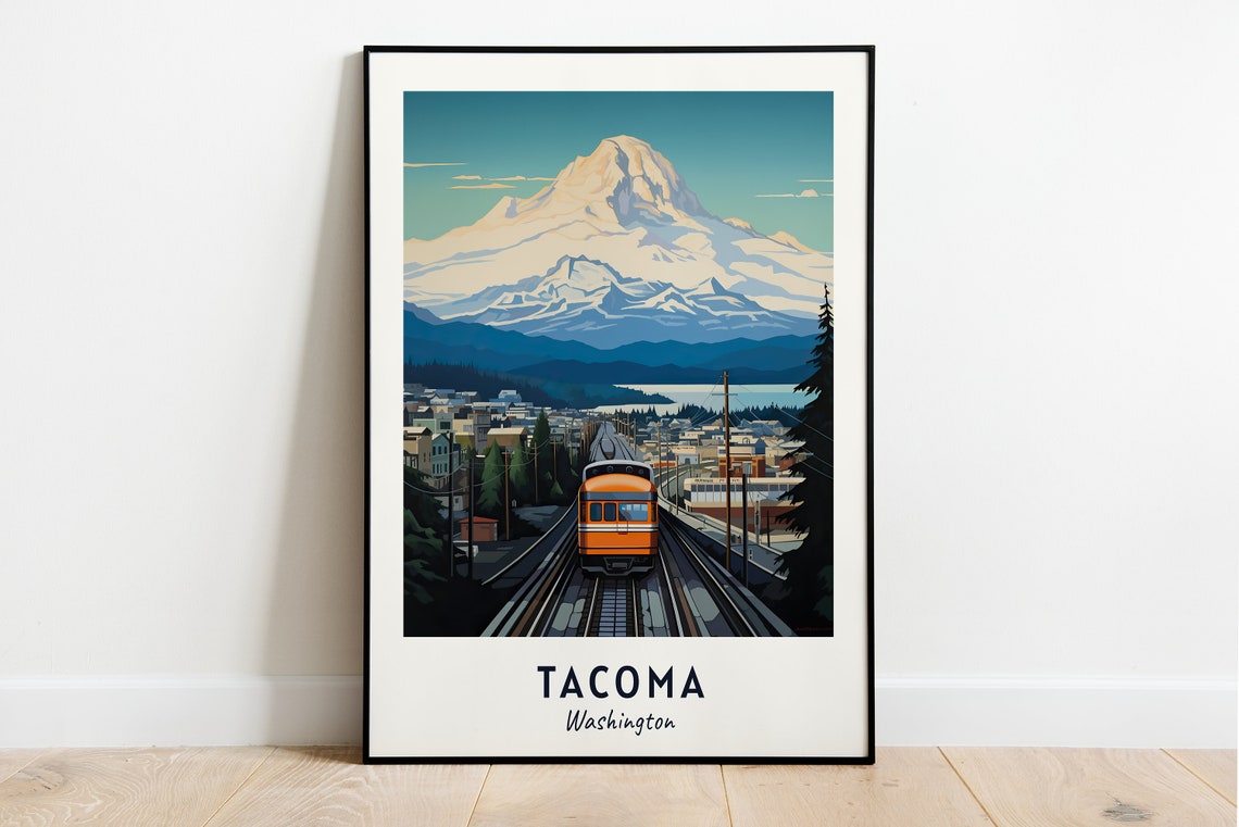 Tacoma Washington Train Tracks and Snowy Peak Mountain Travel Poster