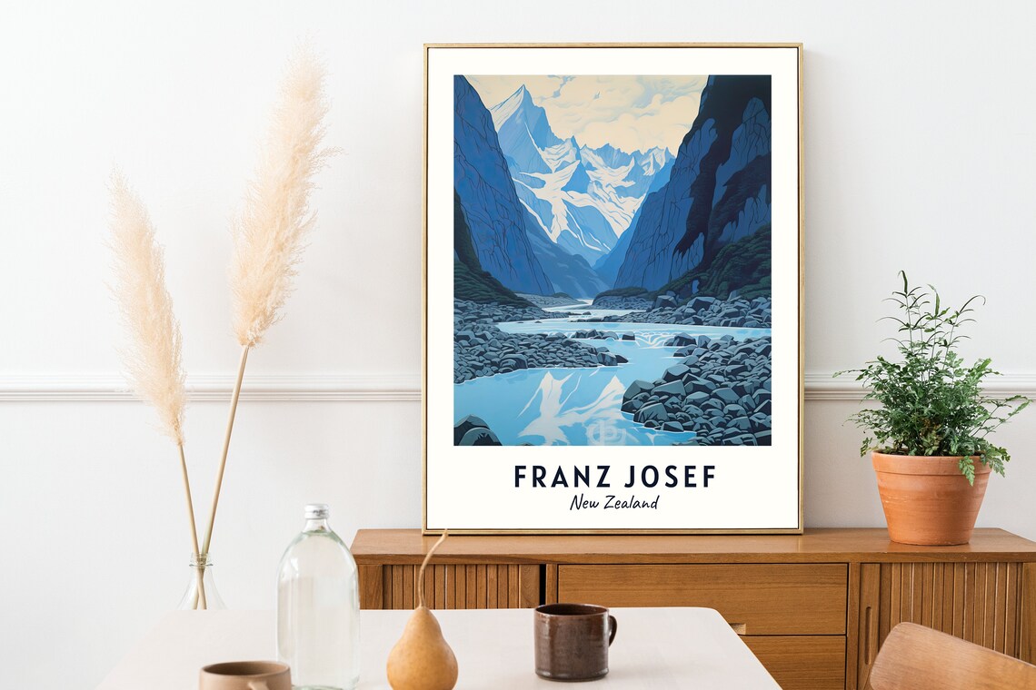 Franz Josef Glacier Valley River Snowy Peaks New Zealand Travel Poster - Image 2