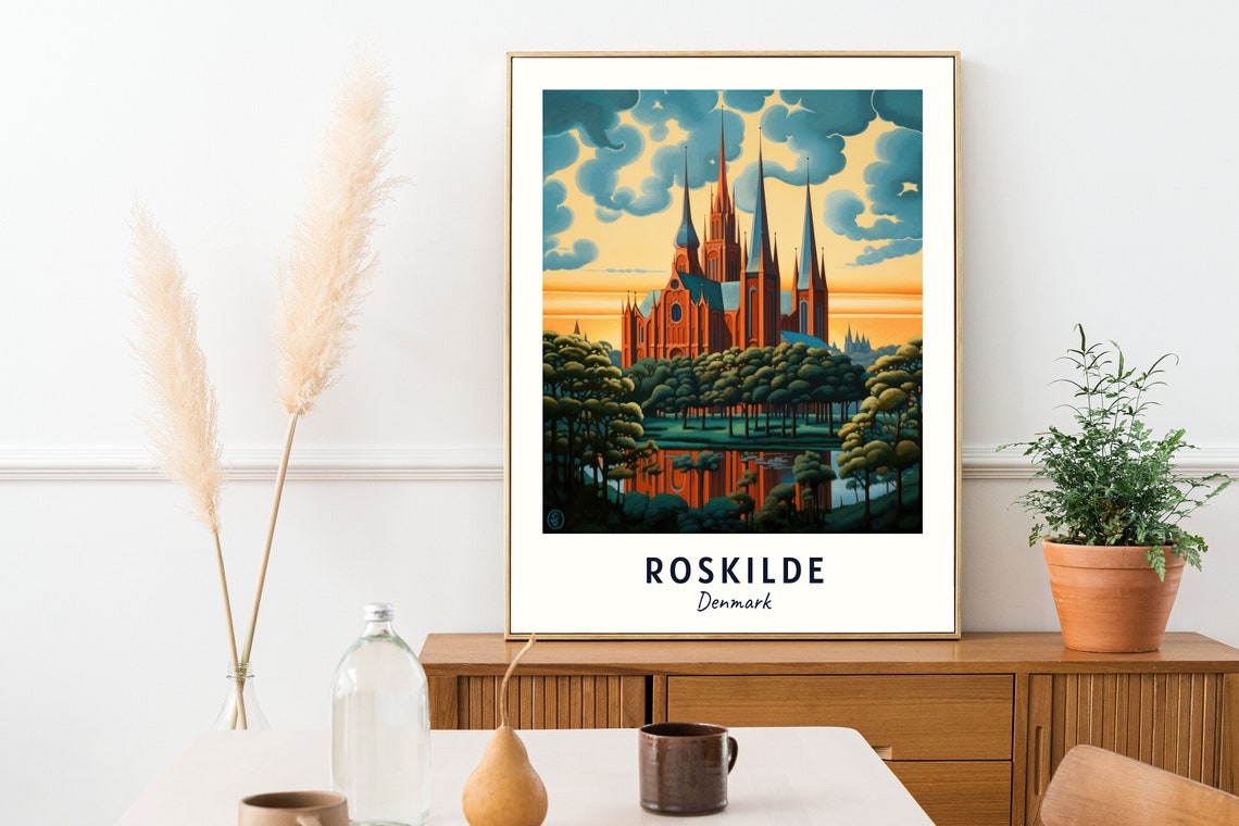Roskilde Cathedral Twin Spires Sunset Water Trees Travel Poster - Image 2