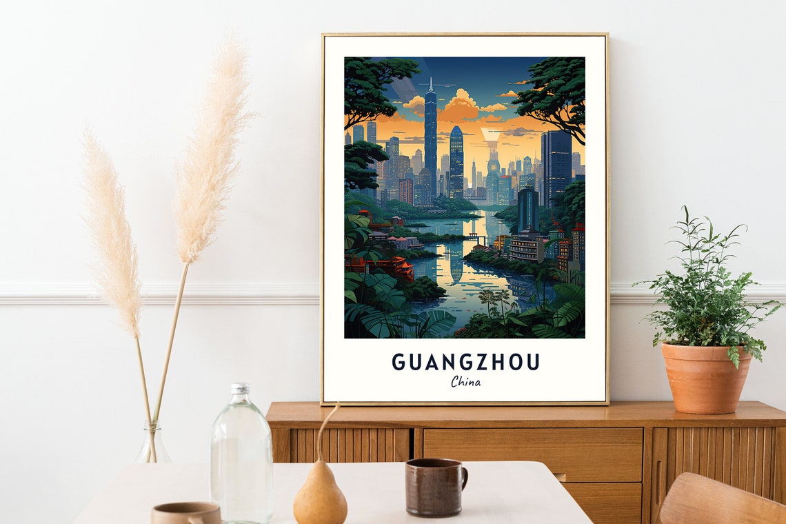 Guangzhou China Skyline Dusk River Tower Night Glow View Poster - Image 2