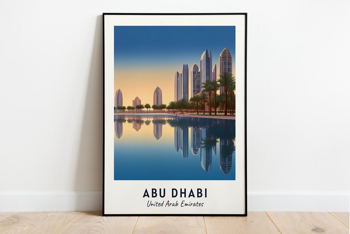 Abu Dhabi UAE Skyline Mirrored Water Sunset Emirates Travel Poster