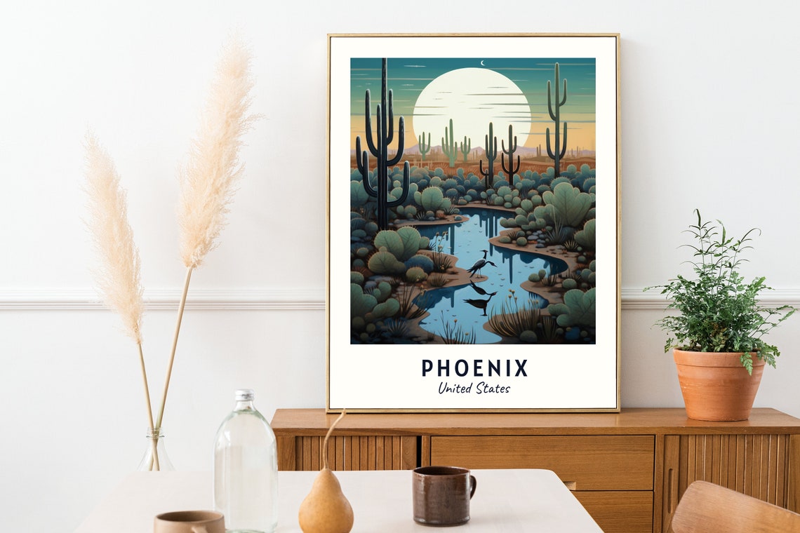 Phoenix Desert Saguaro Cacti Moonrise Oasis Herons Travel Poster - Image 2