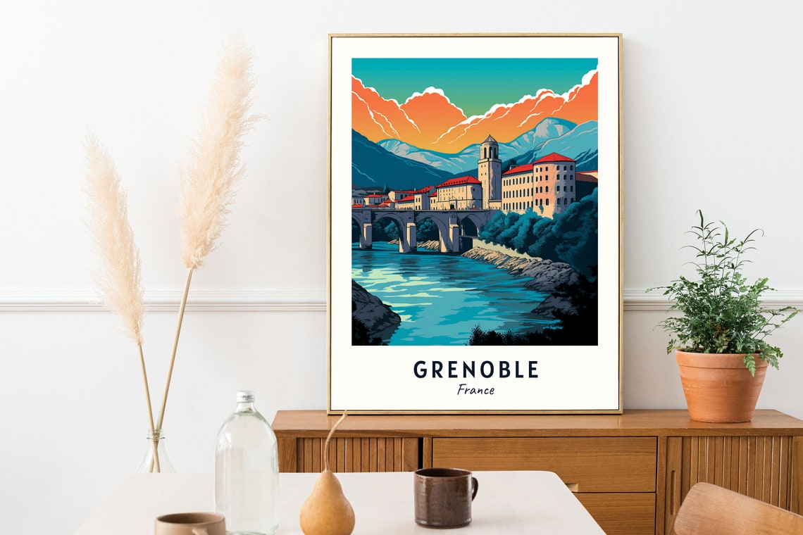 Grenoble River Bridge Alpine Mountains Glowing Sunset Travel Poster - Image 2