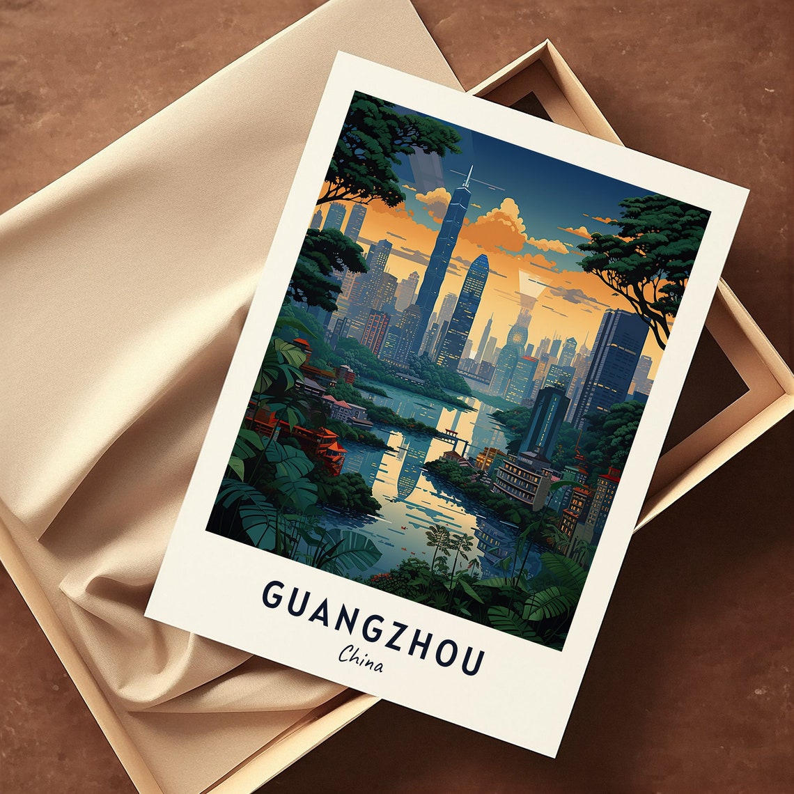 Guangzhou China Skyline Dusk River Tower Night Glow View Poster - Image 3