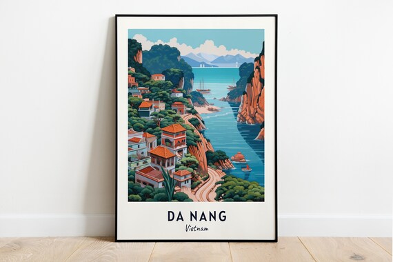Da Nang Vietnam Coastal Bay Cliffs Fishing Boats Seaside Travel Poster